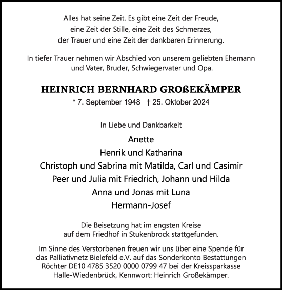 Traueranzeige von Heinrich Bernhard Großekämper von Die Glocke