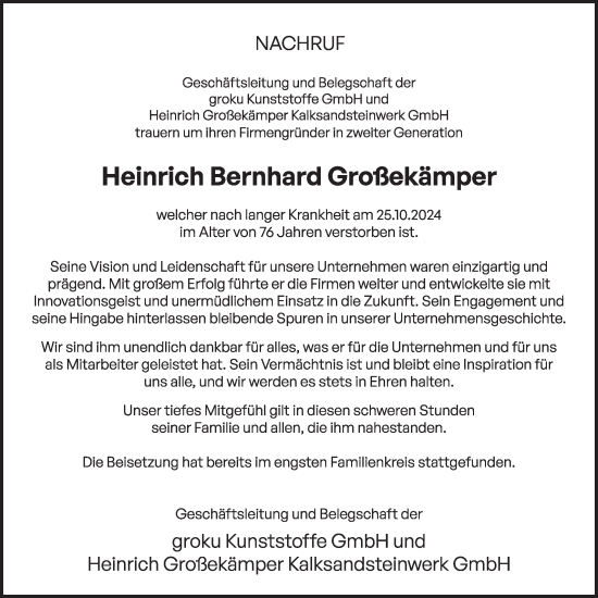 Traueranzeige von Heinrich Bernhard Großekämper von Die Glocke