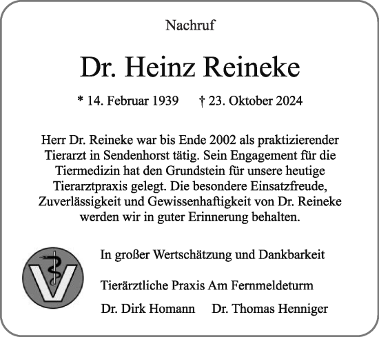 Traueranzeige von Heinz Reineke von Die Glocke