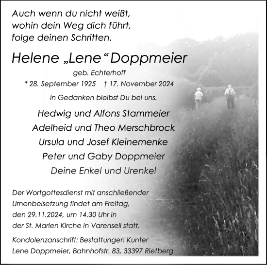 Traueranzeige von Helene Doppmeier von Die Glocke