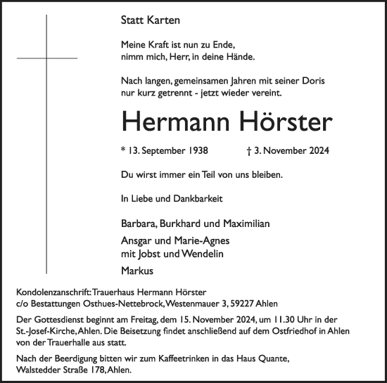 Traueranzeige von Hermann Hörster von Die Glocke