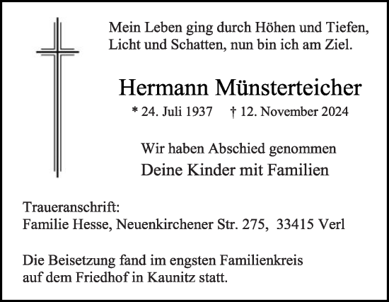 Traueranzeige von Hermann Münsterteicher von Die Glocke