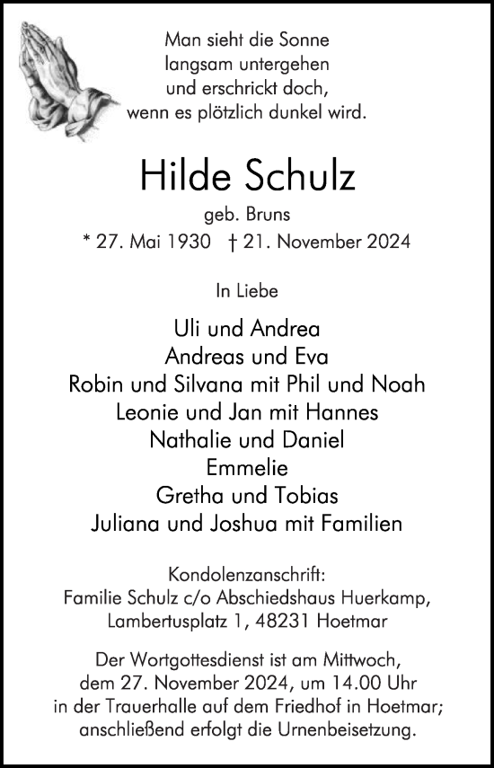 Traueranzeige von Hilde Schulz von Die Glocke