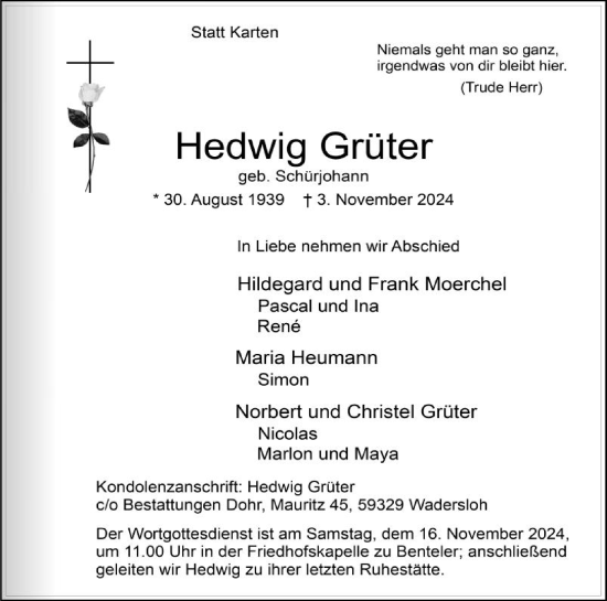 Traueranzeige von Hedwig Grüter von Die Glocke