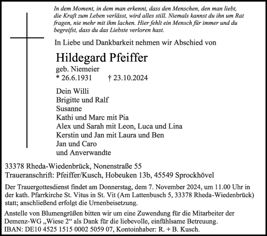 Traueranzeige von Hildegard Pfeiffer von Die Glocke