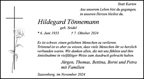 Traueranzeige von Hildegard Tönnemann von Die Glocke