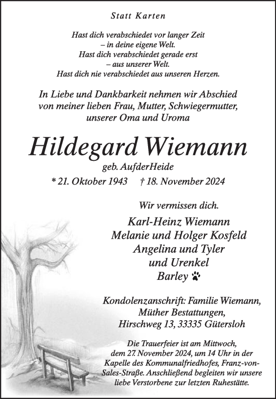 Traueranzeige von Hildegard Wiemann von Die Glocke