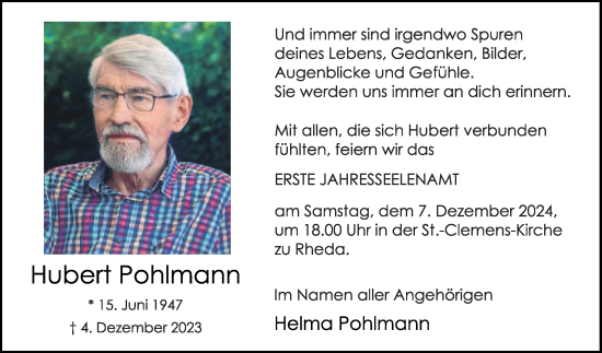 Traueranzeige von Hubert Pohlmann von Die Glocke