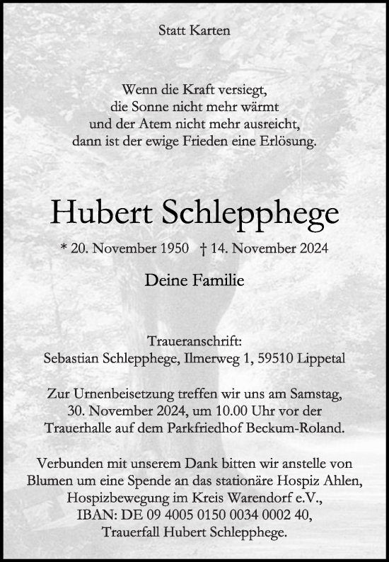 Traueranzeige von Hubert Schlepphege von Die Glocke