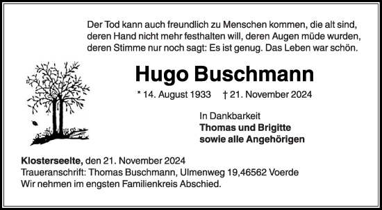 Traueranzeige von Hugo Buschmann von Die Glocke