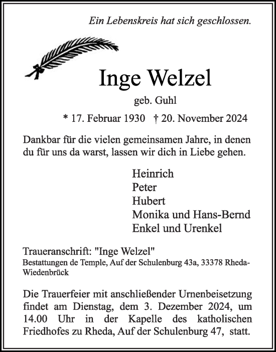 Traueranzeige von Inge Welzel von Die Glocke