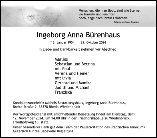 Traueranzeige von Ingeborg Anna Bürenhaus von Die Glocke