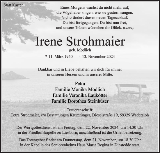 Traueranzeige von Irene Strohmaier von Die Glocke