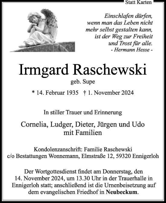 Traueranzeige von Irmgard Raschewski von Die Glocke