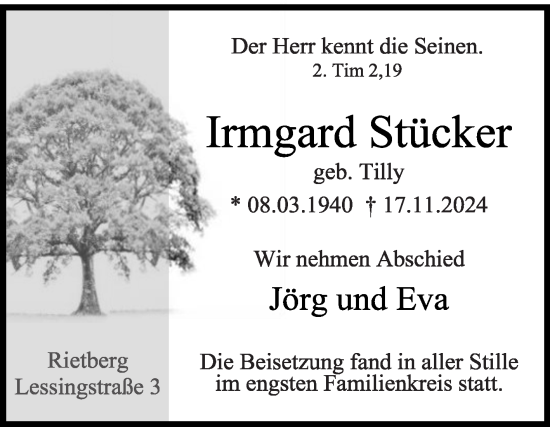 Traueranzeige von Irmgard Stücker von Die Glocke