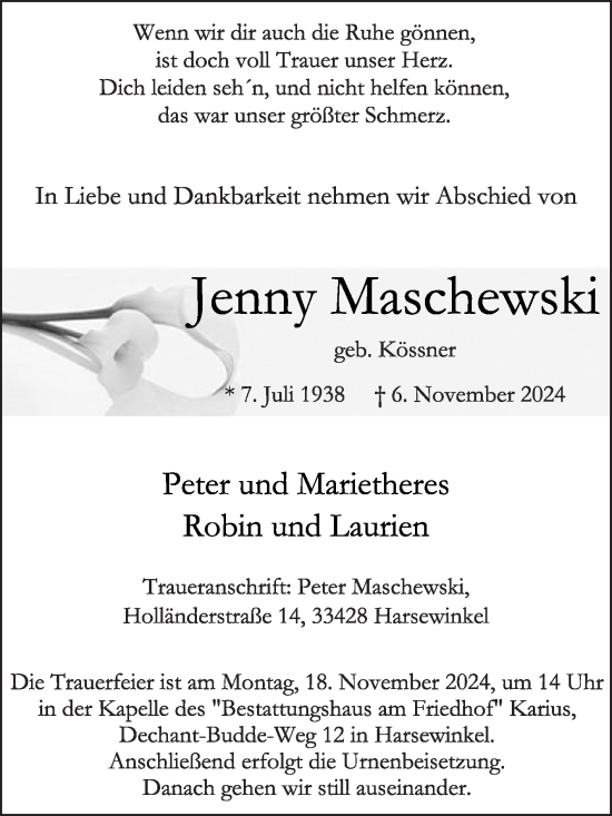 Traueranzeige von Jenny Maschewski von Die Glocke