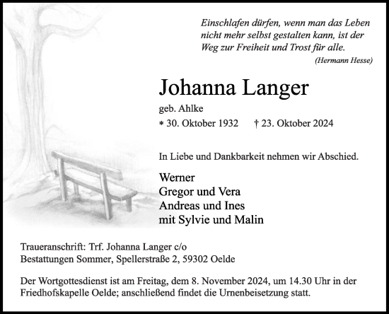 Traueranzeige von Johanna Langer von Die Glocke