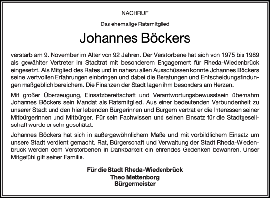 Traueranzeige von Johannes Böckers von Die Glocke