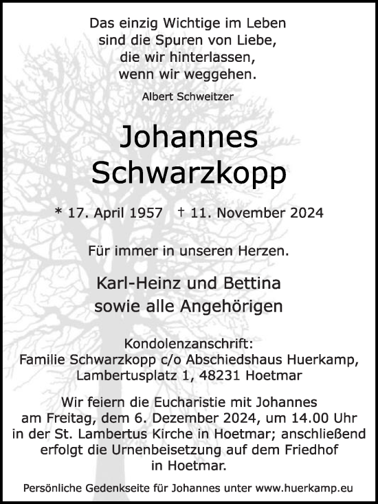 Traueranzeige von Johannes Schwarzkopp von Die Glocke