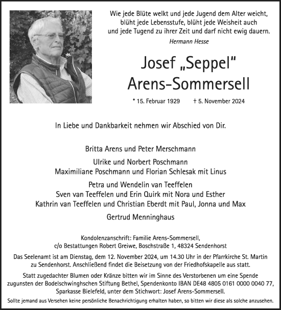 Traueranzeige von Josef Arens-Sommersell von Die Glocke