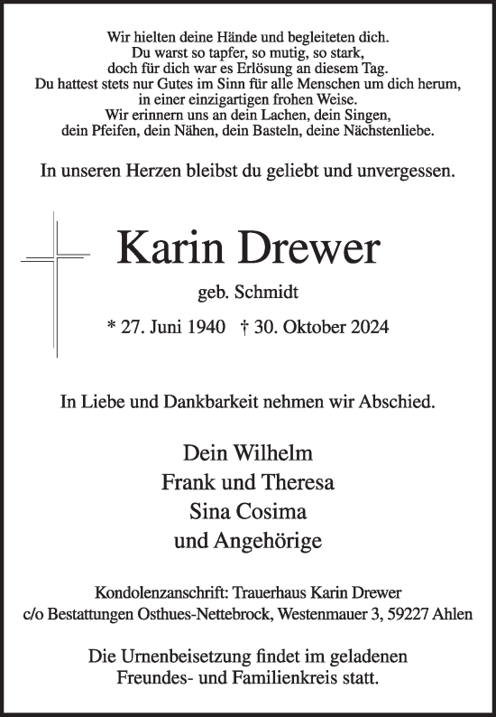 Traueranzeige von Karin Drewer von Die Glocke