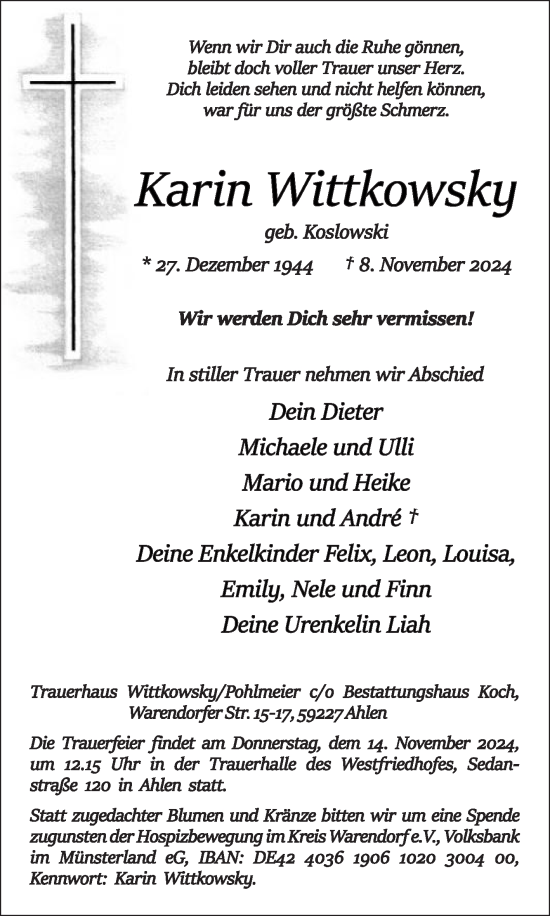 Traueranzeige von Karin Wittkowsky von Die Glocke