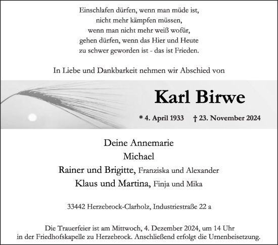 Traueranzeige von Karl Birwe von Die Glocke