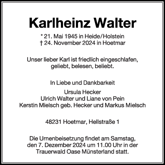 Traueranzeige von Karlheinz Walter von Die Glocke