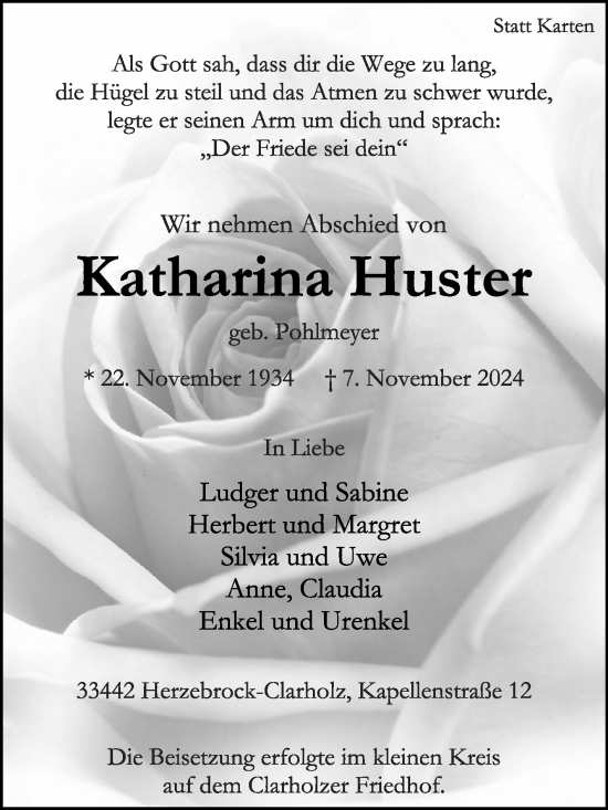 Traueranzeige von Katharina Huster von Die Glocke