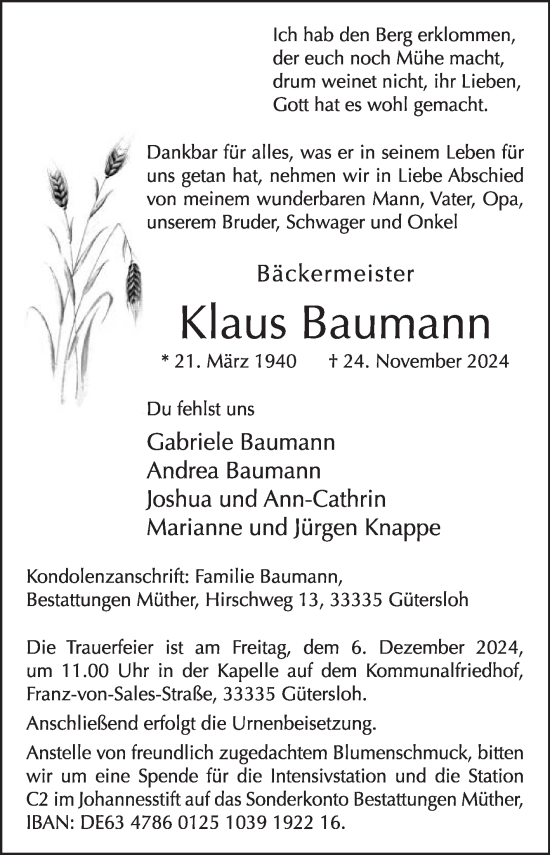 Traueranzeige von Klaus Baumann von Die Glocke