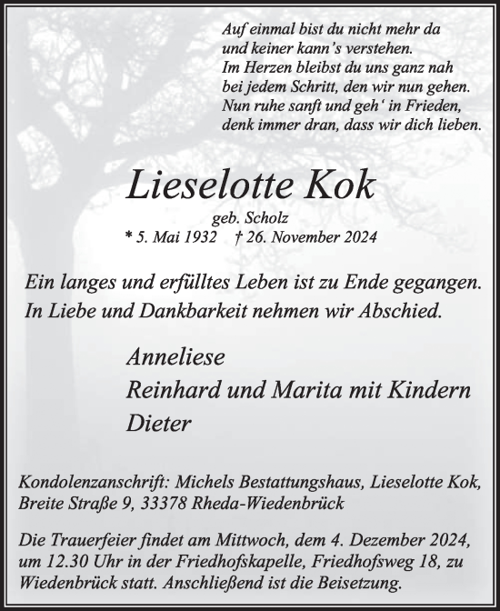 Traueranzeige von Lieselotte Kok von Die Glocke