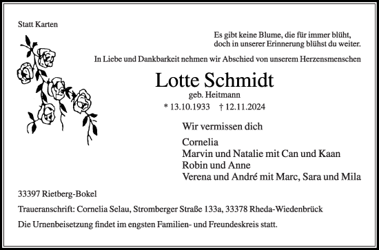 Traueranzeige von Lotte Schmidt von Die Glocke