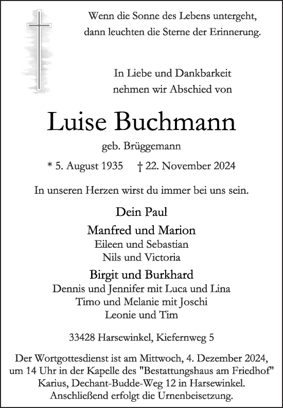 Traueranzeige von Luise Buchmann von Die Glocke