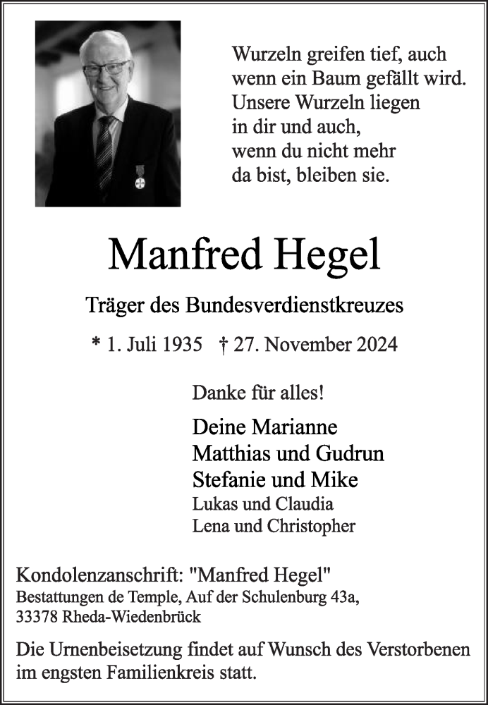  Traueranzeige für Manfred Hegel vom 30.11.2024 aus Die Glocke