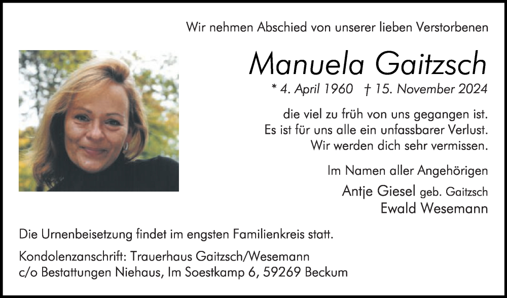  Traueranzeige für Manuela Gaitzsch vom 23.11.2024 aus Die Glocke