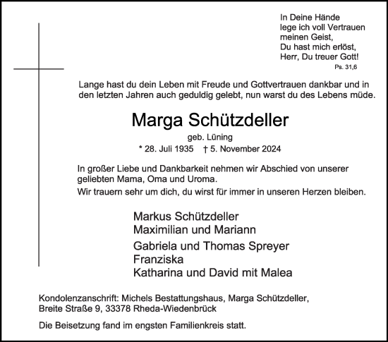 Traueranzeige von Marga Schützdeller von Die Glocke