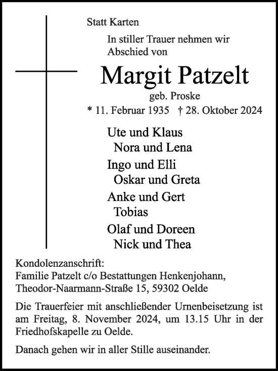 Traueranzeige von Margit Patzelt von Die Glocke