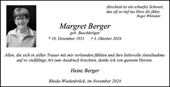 Traueranzeige von Margret Berger von Die Glocke