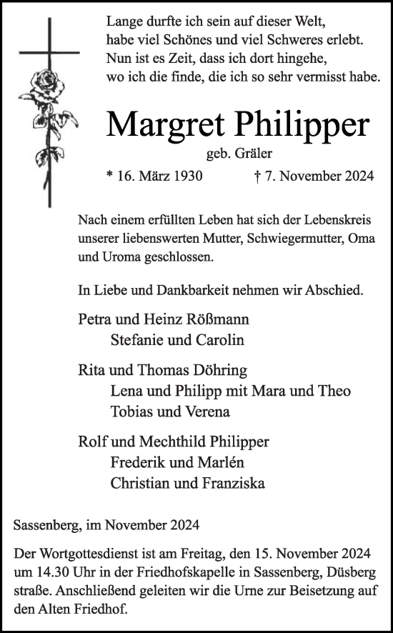 Traueranzeige von Margret Philipper von Die Glocke