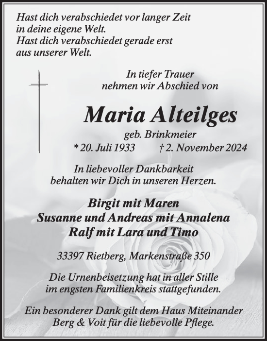 Traueranzeige von Maria Alteilges von Die Glocke