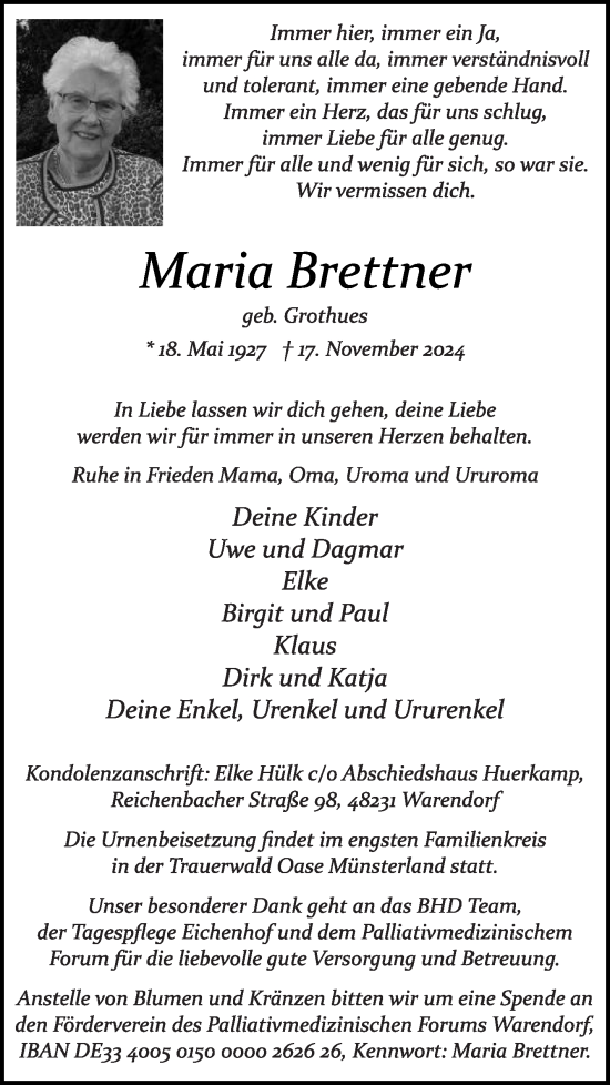 Traueranzeige von Maria Brettner von Die Glocke