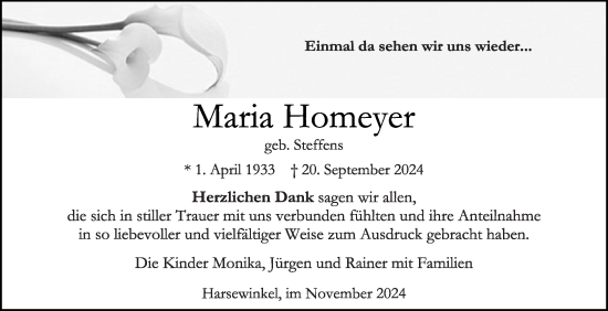 Traueranzeige von Maria Homeyer von Die Glocke