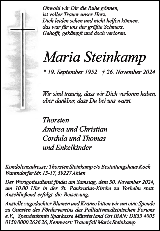 Traueranzeige von Maria Steinkamp von Die Glocke