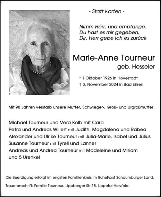 Traueranzeige von Marie-Anne Tourneur von Die Glocke