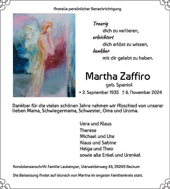 Traueranzeige von Martha Zaffiro von Die Glocke