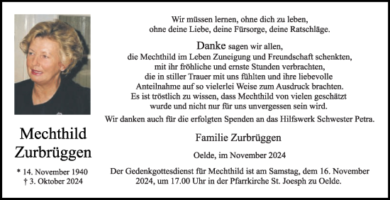 Traueranzeige von Mechthild Zurbrüggen von Die Glocke