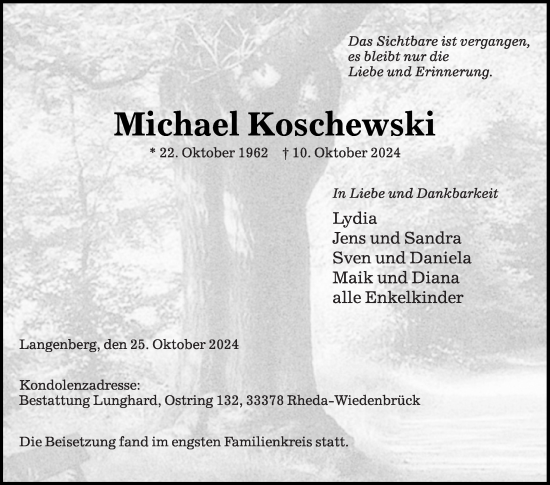 Traueranzeige von Michael Koschewski von Die Glocke