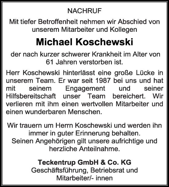 Traueranzeige von Michael Koschewski von Die Glocke