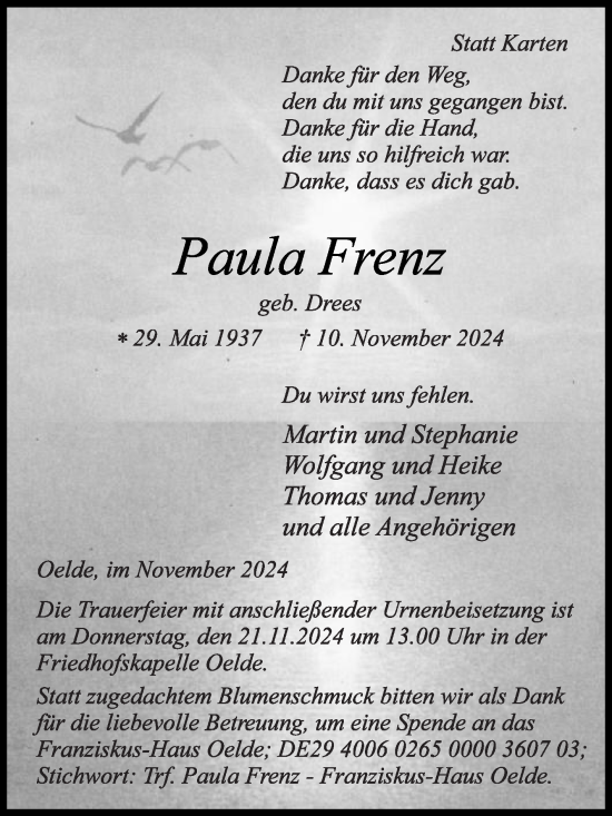 Traueranzeige von Paula Frenz von Die Glocke