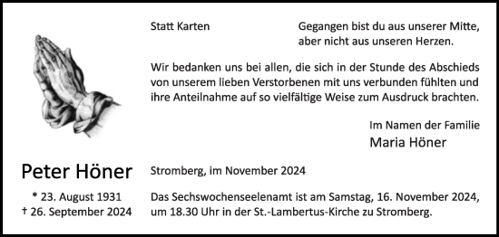 Traueranzeige von Peter Höner von Die Glocke